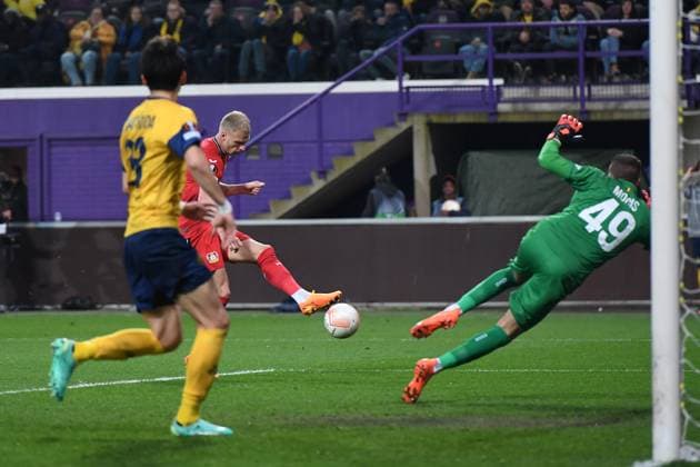 Soccer Europa League quarterfinals Union Saint Gilloise Bayer 04 Leverkusen on 20 04 2023 Lotto Park in Anderlecht goal shot goal to 0 2 by Mitchel Bakker Leverkusen xHDx