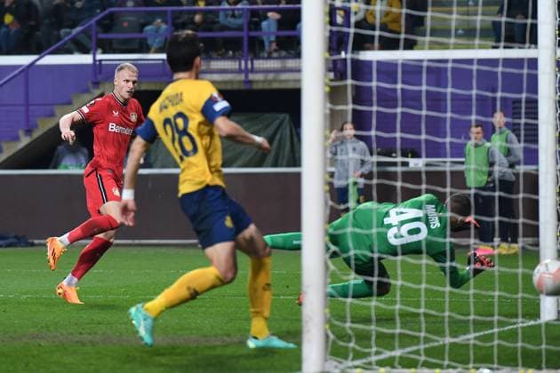 Soccer Europa League quarterfinals Union Saint Gilloise Bayer 04 Leverkusen on 20 04 2023 Lotto Park in Anderlecht goal shot goal to 0 2 by Mitchel Bakker Leverkusen xHDx