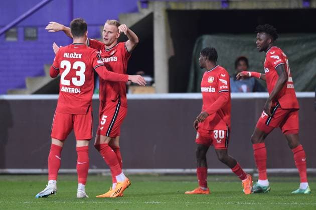 Soccer Europa League quarterfinals Union Saint Gilloise Bayer 04 Leverkusen on 20 04 2023 Lotto Park in Anderlecht goal cheer goal to 0 2 by Mitchel Bakker Leverkusen xHDx