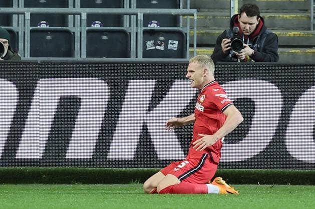 Leverkusen s Mitchel Bakker celebrates after scoring during a soccer match between Belgian Royale Union Saint-Gilloise and German Bayer 04 Leverkusen, Thursday 20 April 2023 in Anderlecht, Brussels, the return leg of the quarterfinals of the UEFA Europa League competition. The first leg ended in a 1-1 draw. BRUNOxFAHY  x65500932x