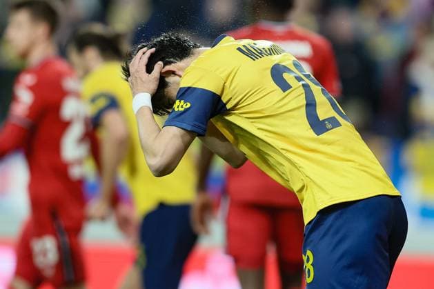 Union s Koki Machida reacts during a soccer match between Belgian Royale Union Saint-Gilloise and German Bayer 04 Leverkusen, Thursday 20 April 2023 in Anderlecht, Brussels, the return leg of the quarterfinals of the UEFA Europa League competition. The first leg ended in a 1-1 draw. BRUNOxFAHY  x65501340x