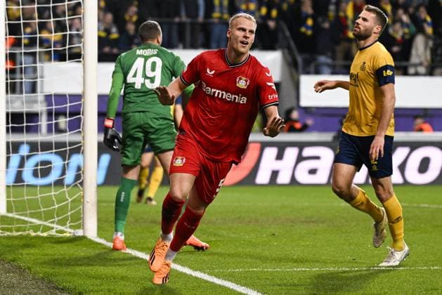 Leverkusen s Mitchel Bakker celebrates after scoring during a soccer match between Belgian Royale Union Saint-Gilloise and German Bayer 04 Leverkusen, Thursday 20 April 2023 in Anderlecht, Brussels, the return leg of the quarterfinals of the UEFA Europa League competition. The first leg ended in a 1-1 draw. LAURIExDIEFFEMBACQ  x65501359x