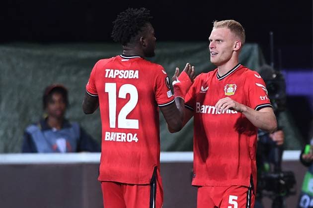 Soccer Europa League quarterfinals Union Saint Gilloise Bayer 04 Leverkusen on 20 04 2023 Lotto Park in Anderlecht goal cheer goal to 0 2 by Mitchel Bakker Leverkusen xHDx