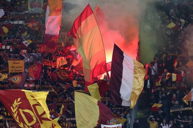 Rome, Italy 20.04.2023: As Roma fans flags on the stand during the Uefa Europa League 2023 football match, quarter finals, AS Roma vs Feyenoord at Olympic stadium in Rome, Italy.  Copyright: xmarcoxiacobuccix xipa-agency.netx xmarcoxiacobuccix 0 IPA_IPA37434844