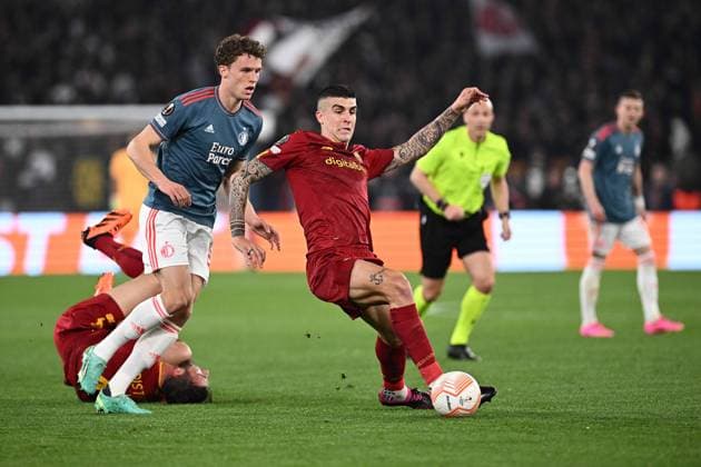 Gianluca Mancini of AS Roma during the UEFA Europa League match between AS Roma and Feyenoord at Stadio Olimpico on April 20, 2023 in Rome, Italy.  Copyright: xGennaroxMasi LiveMediax xipa-agex xLivexMediax 0 IPA_IPA37435013
