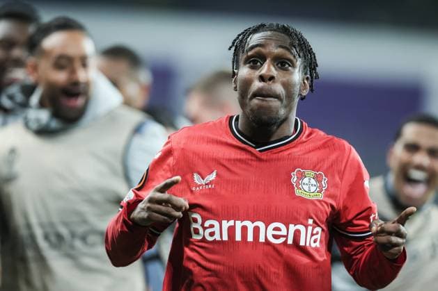 Leverkusen s Jeremie Frimpong celebrates after scoring during a soccer match between Belgian Royale Union Saint-Gilloise and German Bayer 04 Leverkusen, Thursday 20 April 2023 in Anderlecht, Brussels, the return leg of the quarterfinals of the UEFA Europa League competition. The first leg ended in a 1-1 draw. BRUNOxFAHY  x65504730x