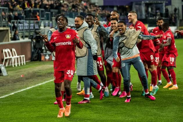 UEFA Europa League Quarterfinal Royale Union Saint Gilloise Bayer 04 Leverkusen Cheers to 0 3 by Jeremie Frimpong Bayer 04 Leverkusen, 30 UEFA Europa League Quarterfinal Royale Union Saint Gilloise Bayer 04 Leverkusen, Brussels, Anderlecht Stadium Copyright: xBEAUTIFULxSPORTS Wunderlx