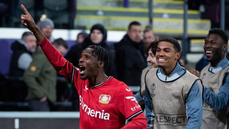 Jeremie Frimpong Bayer 04 Leverkusen, 30 cheers for the goal to 0 3 and dances, BEL, Royal Union Saint Gilloise vs Bayer 04 Leverkusen, football UEFA Europa League, quarterfinal second leg, season 2022 2023, 20 04 2023 BEL, Royal Union Saint Gilloise vs Bayer 04 Leverkusen, football UEFA Europa League, quarterfinal second leg, season 2022 2023, 20 04 2023 Anderlecht Copyright: xEibner-Pressefoto Memmlerx EP_MMR