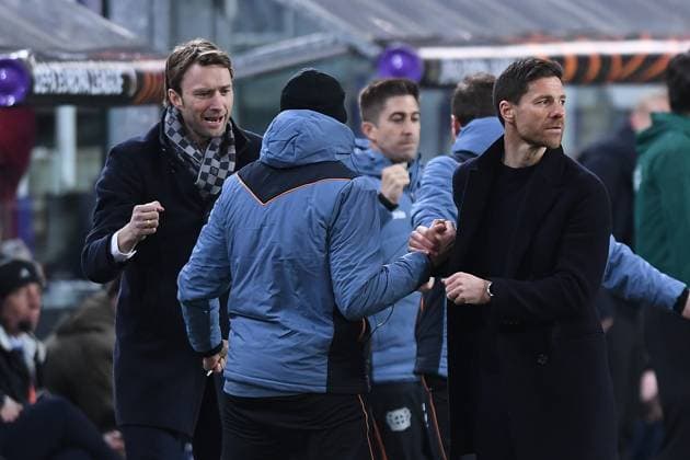 Soccer Europa League quarterfinals Union Saint Gilloise Bayer 04 Leverkusen on 20 04 2023 Lotto Park in Anderlecht jubilation joy emotions about the goal shot goal to 1 4 by Adam Hlozek Leverkusen Simon Rolfes Director Sport Leverkusen Xabi Alonso coach head coach Leverkusen xHDx