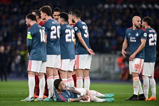 April 20, 2023, Rome, Italy: Feyenoord team during the UEFA Europa League match between AS Roma and Feyenoord at Stadio Olimpico on April 20, 2023 in Rome, Italy. football Europa League match - Quarter Finals - Roma vs Feyenoord, Rome, Italy  - ZUMAl164 20230420_zsa_l164_168 Copyright: xGennaroxMasix