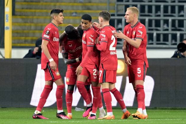 BRUSSELS - Adam Hlozek of Bayer 04 Leverkusen celebrates the 1-4 with his teammates during the UEFA Europa League quarterfinal match between Union Sint Gillis and Bayer 04 Leverkusen at Lotto Park stadium on April 20, 2023 in Brussels, Belgium. AP Dutch Height UEFA Europa Europa League - Quarter-final, 2nd Leg 2022 2023 xVIxANPxSportx xGerritxvanxKeulenxIVx 467502945 originalFilename: 467502945.jpg