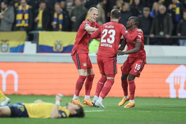 Leverkusen s Adam Hlozek celebrates after scoring during a soccer match between Belgian Royale Union Saint-Gilloise and German Bayer 04 Leverkusen, Thursday 20 April 2023 in Anderlecht, Brussels, the return leg of the quarterfinals of the UEFA Europa League competition. The first leg ended in a 1-1 draw. BRUNOxFAHY  x65506780x