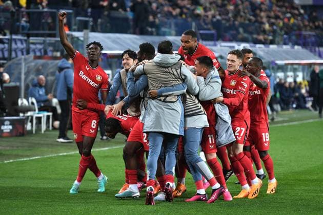 Soccer Europa League quarterfinals Union Saint Gilloise Bayer 04 Leverkusen on 20 04 2023 Lotto Park in Anderlecht goal cheer goal to 0 3 by Jeremie Frimpong Leverkusen xHDx