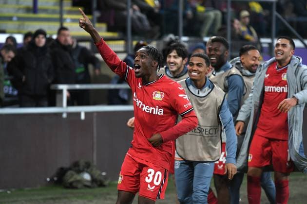 Soccer Europa League quarterfinals Union Saint Gilloise Bayer 04 Leverkusen on 20 04 2023 Lotto Park in Anderlecht goal cheer goal to 0 3 by Jeremie Frimpong Leverkusen xHDx