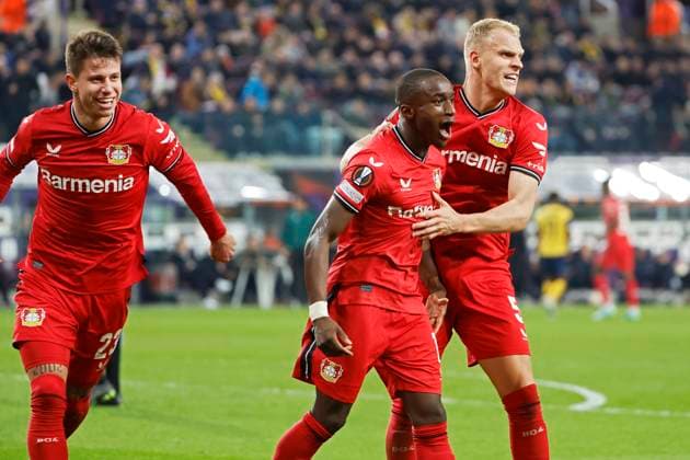 ANDERLECHT, BELGIUM - APRIL 20 : Bakker Mitchel defender of Bayer Leverkusen with Diaby Moussa forward of Bayer Leverkusen celebrating scoring a goal during the UEFA Europa League Quarter-finals, 2nd leg match between Union SG and Bayer Leverkusen at the Anderlecht stadium on April 20, 2023 in Anderlecht, Belgium, 20 04 2023 ( Union SG v Bayer Leverkusen - UEFA Europa League PhotoNews Panoramic 