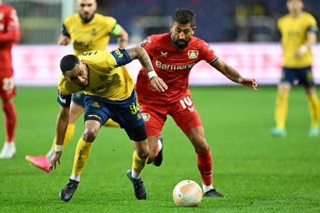 ANDERLECHT, BELGIUM - APRIL 20 : Lapoussin Loic forward of Union St-Gilloise in action with Kerem Demirbay midfielder of Bayer Leverkusen during the UEFA Europa League Quarter-finals, 2nd leg match between Union SG and Bayer Leverkusen at the Anderlecht stadium on April 20, 2023 in Anderlecht, Belgium, 20 04 2023 ( Union SG v Bayer Leverkusen - UEFA Europa League PhotoNews Panoramic 