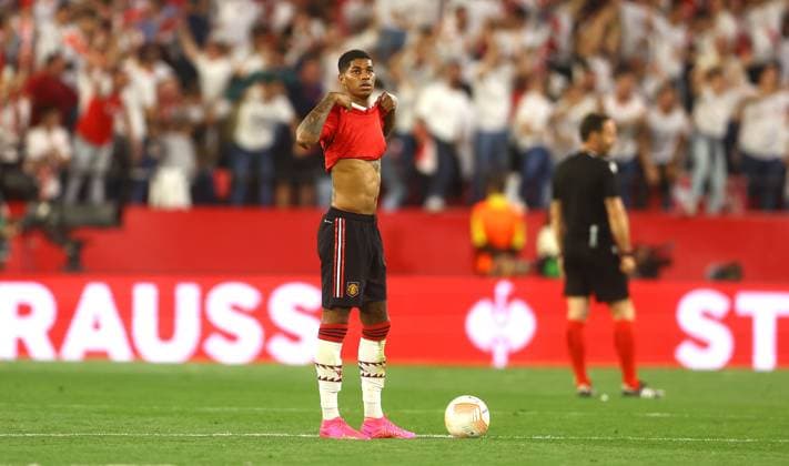 Mandatory Credit: Photo by Kieran McManus Shutterstock (13873490bl) Marcus Rashford of Manchester United, ManU shows a look of dejection after Yousseff En-Nesyri of Sevilla scores a goal to make the score 3-0 Sevilla v Manchester United, UEFA Europa League, Quarter-Final, Second Leg, Football, Ramon Sanchez-Pizjuan Stadium, Seville, Spain - 20 Apr 2023 Sevilla v Manchester United, UEFA Europa League, Quarter-Final, Second Leg, Football, Ramon Sanchez-Pizjuan Stadium, Seville, Spain - 20 Apr 2023 Copyright: xKieranxMcManus Shutterstockx 13873490bl