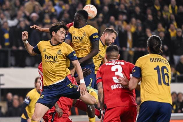 Union s Koki Machida and Union s Victor Boniface pictured in action during a soccer match between Belgian Royale Union Saint-Gilloise and German Bayer 04 Leverkusen, Thursday 20 April 2023 in Anderlecht, Brussels, the return leg of the quarterfinals of the UEFA Europa League competition. The first leg ended in a 1-1 draw. LAURIExDIEFFEMBACQ  x65507164x