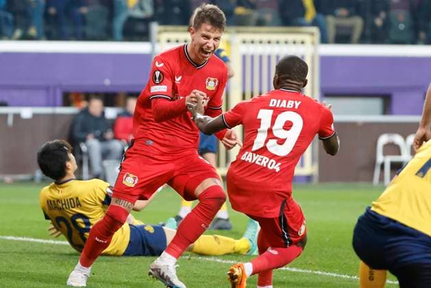 ANDERLECHT, BELGIUM - APRIL 20 : Hlozek Adam forward of Bayer Leverkusen celebrates after scoring during the UEFA Europa League Quarter-finals, 2nd leg match between Union SG and Bayer Leverkusen at the Anderlecht stadium on April 20, 2023 in Anderlecht, Belgium, 20 04 2023 ( Union SG v Bayer Leverkusen - UEFA Europa League PhotoNews Panoramic 