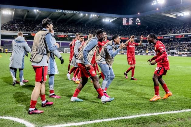 Leverkusen s players celebrate during a soccer match between Belgian Royale Union Saint-Gilloise and German Bayer 04 Leverkusen, Thursday 20 April 2023 in Anderlecht, Brussels, the return leg of the quarterfinals of the UEFA Europa League competition. The first leg ended in a 1-1 draw. BRUNOxFAHY  x65507824x