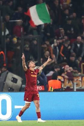 Rome, Italy 20.04.2023: Paulo Dybala of Roma score the goal and celebrate in the Uefa Europa League 2023 football match, quarter finals, AS Roma vs Feyenoord at Olympic stadium in Rome, Italy.  Copyright: xmarcoxiacobuccix xipa-agency.netx xmarcoxiacobuccix 0 IPA_IPA37435951