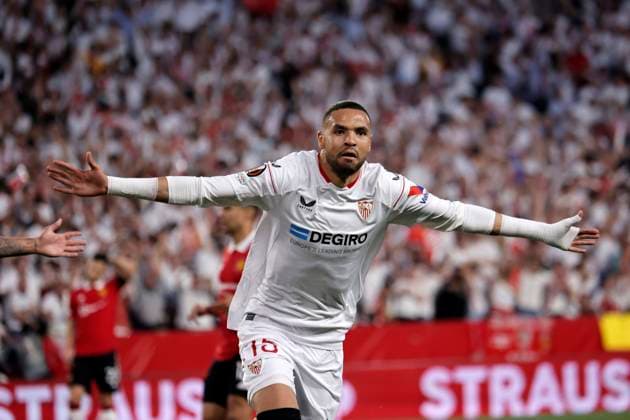 April 20, 2023, Seville, Spain UEFA Europa League Quarter finals 2nd leg soccer match between Sevilla FC and Manchester United at the Ramon Sanchez Pizjuan Stadium Y En Nesyri celebrates a goal 20 04 2023 SEVILLE UEL QUARTER FINALS ESTADIO SANCHEZ PIZJUAN SEVILLA FC MANCHESTER UNITED 900 Cordon Press  900 CordonxPress LOF - Sevilla FC vs Manchester United