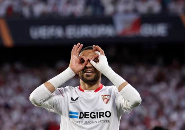 April 20, 2023, Seville, Spain UEFA Europa League Quarter finals 2nd leg soccer match between Sevilla FC and Manchester United at the Ramon Sanchez Pizjuan Stadium Y En Nesyri celebrates a goal 20 04 2023 SEVILLE UEL QUARTER FINALS ESTADIO SANCHEZ PIZJUAN SEVILLA FC MANCHESTER UNITED 900 Cordon Press  900 CordonxPress LOF - Sevilla FC vs Manchester United