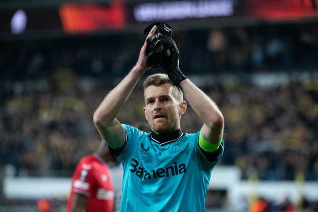 Lukas Hradecky Bayer 04 Leverkusen, 01 looks forward, BEL, Royal Union Saint Gilloise vs Bayer 04 Leverkusen, football UEFA Europa League, quarterfinal second leg, season 2022 2023, 20 04 2023 BEL, Royal Union Saint Gilloise vs Bayer 04 Leverkusen, football UEFA Europa League, quarterfinal second leg, season 2022 2023, 20 04 2023 Anderlecht Copyright: xEibner-Pressefoto Memmlerx EP_MMR