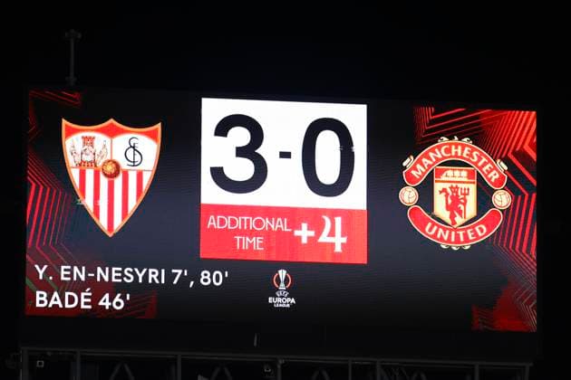 April 20, 2023, Seville, Spain: Final scoreboard showing score between Sevilla FC and Manchester United, ManU during the Europa League Quarter-finals (2nd leg) soccer match between Sevilla FC and Manchester United at the Ramon Sanchez Pizjuan Stadium Seville Spain - ZUMAa142 20230420_zap_a142_016 Copyright: xDanielxGonzalezxAcunax