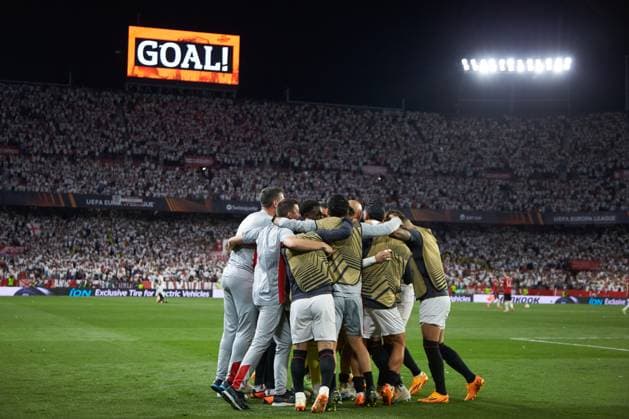 April 20, 2023, SEVILLA, SEVILLA, SPAIN: Youssef En-Nesyri of Sevilla FC celebrates a goal during the UEFA Europa League, quarter final second leg, match between Sevilla FC and Manchester United, ManU at Estadio Ramon Sanchez Pizjuan on April 20, 2023 in Sevilla, Spain. SEVILLA SPAIN - ZUMAa181 20230420_zaa_a181_069 Copyright: xJoaquinxCorcherox