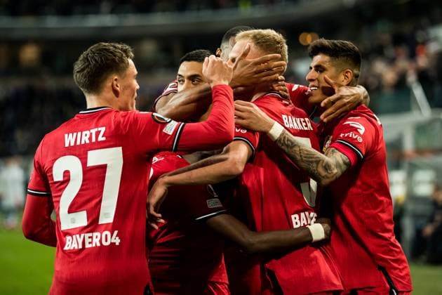 UEFA Europa League quarterfinal Royale Union Saint Gilloise Bayer 04 Leverkusen jubilant after the 0 2 by Mitchel Bakker Bayer 04 Leverkusen, 5 UEFA Europa League quarterfinal Royale Union Saint Gilloise Bayer 04 Leverkusen, Brussels, Anderlecht Stadium. Copyright: xBEAUTIFULxSPORTS Wunderlx
