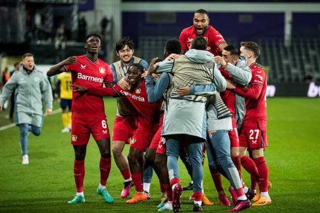 UEFA Europa League Quarterfinal Royale Union Saint Gilloise Bayer 04 Leverkusen Cheers to 0 3 by Jeremie Frimpong Bayer 04 Leverkusen, 30 UEFA Europa League Quarterfinal Royale Union Saint Gilloise Bayer 04 Leverkusen, Brussels, Anderlecht Stadium Copyright: xBEAUTIFULxSPORTS Wunderlx