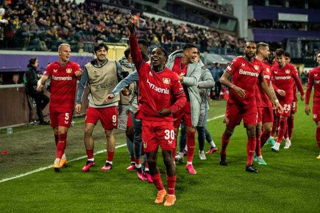 UEFA Europa League Quarterfinal Royale Union Saint Gilloise Bayer 04 Leverkusen Cheers to 0 3 by Jeremie Frimpong Bayer 04 Leverkusen, 30 UEFA Europa League Quarterfinal Royale Union Saint Gilloise Bayer 04 Leverkusen, Brussels, Anderlecht Stadium Copyright: xBEAUTIFULxSPORTS Wunderlx