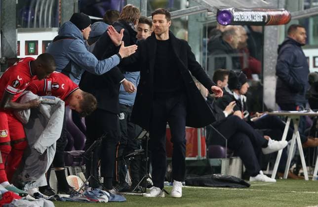 Union Saint Gilloise v Bayer 04 Leverkusen, UEFA Europa League, Quarter-finals, 2nd leg, Lotto Park Anderlech Stadium, Anderlecht, Belgium, 20th April 2023 Xabi Alonso Manager of Bayer Leverkusen celebrates the victory. - Union Saint Gilloise v Bayer 04 Leverkusen, UEFA Europa League, Quarter-finals, 2nd leg, Lotto Park Anderlech Stadium, Anderlecht, Belgium. - 20th April 2023. Anderlecht Lotto Park Anderlech Stadium UK Copyright: xDanxWeirx CP_Union_Saint_Gilloise_Bayer_Leverkusen_71
