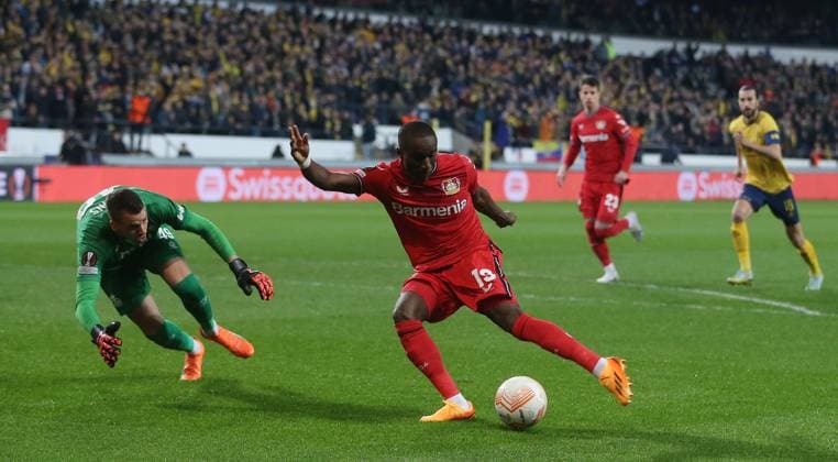 Union Saint Gilloise v Bayer 04 Leverkusen, UEFA Europa League, Quarter-finals, 2nd leg, Lotto Park Anderlech Stadium, Anderlecht, Belgium, 20th April 2023 GOAL 1-0, Moussa Diaby of Bayer Leverkusen scores. - Union Saint Gilloise v Bayer 04 Leverkusen, UEFA Europa League, Quarter-finals, 2nd leg, Lotto Park Anderlech Stadium, Anderlecht, Belgium. - 20th April 2023. Anderlecht Lotto Park Anderlech Stadium UK Copyright: xDanxWeirx CP_Union_Saint_Gilloise_Bayer_Leverkusen_85