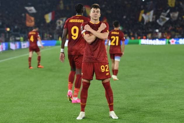 Soccer, Europa League match AS Roma v Feyenoord Stephan El Shaarawy of AS Roma celebrating after score the goal during the Uefa Europa League match AS Roma v Feyenoord at Olimpico stadium in Rome, Italy, 20th, April 2023. Imago-Images Emmefoto Copyright: xImago-Images Emmefotox