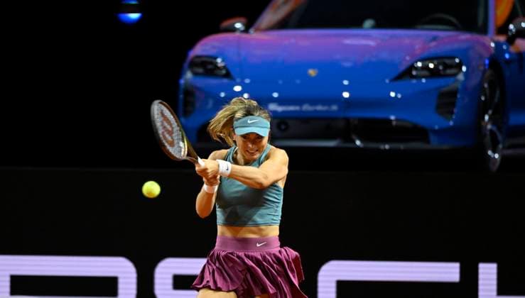 Paula Badosa ESP action in front of winning car Porsche Taycan Turbo S Sport Turismo Tennis Women Porsche Cup Porsche Tennis Grand Prix GP Stuttgart 2023 quarterfinals Porsche Arena 21 04 2022 DFL REGULATES PROHIBIT ANY USE OF PHOTOGRAPHS AS IMAGE SEQUENCES AND OR QUASI VIDEO Porsche Tennis Grand Prix GP Stuttgart 2023