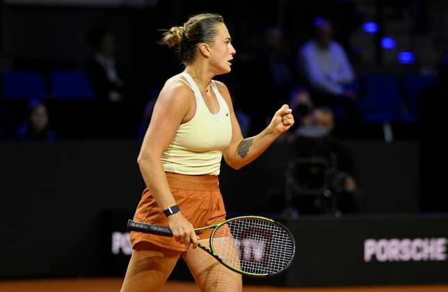 Aryna Sabalenka BLR Jubel Freude Emotion Tennis Damen Porsche Cup Porsche Tennis Grand Prix GP Stuttgart 2023 Viertelfinale Porsche Arena 21 04 2022 DFL REGULATIONS PROHIBIT ANY USE OF PHOTOGRAPHS AS IMAGE SEQUENCES AND OR QUASI VIDEO Porsche Tennis Grand Prix GP Stuttgart 2023