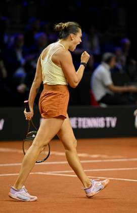 Aryna Sabalenka BLR Cheer Joy Emotion Final Cheer After Winning Match Tennis Women Porsche Cup Porsche Tennis Grand Prix GP Stuttgart 2023 Quarterfinals Porsche Arena 21 04 2022 DFL REGULATES PROHIBIT ANY USE OF PHOTOGRAPHS AS IMAGE SEQUENCES AND OR QUASI VIDEO Porsche Tennis Grand Prix GP Stuttgart 2023