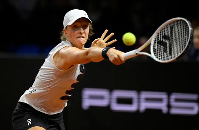 Iga Swiatek POL Action Tennis Women Porsche Cup Porsche Tennis Grand Prix GP Stuttgart 2023 Quarterfinals Porsche Arena 21 04 2022 DFL REGULATES PROHIBIT ANY USE OF PHOTOGRAPHS AS IMAGE SEQUENCES AND OR QUASI VIDEO Porsche Tennis Grand Prix GP Stuttgart 2023