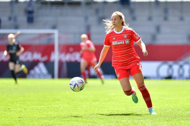 Glodis Perla Viggosdottir 4 FC Bayern Munich in action at Flyeralarm womens Bundesliga match FC Bayern Munich SC Freiburg on 22 04 2023 Munich FC Bayern Campus Bayern Germany