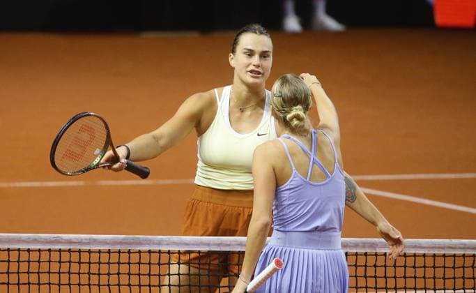 Stuttgart , Porsche Tennis Grand Prix , from left Aryna Sabalanka Anastasia Potapova