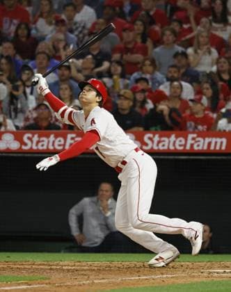 Baseball: Royals vs. Angels Shohei Ohtani of the Los Angeles Angels pops out to shortstop during the seventh inning of a baseball game against the Kansas City Royals on April 22, 2023, at Angel Stadium in Anaheim, California.  A14AA0001419475P 
