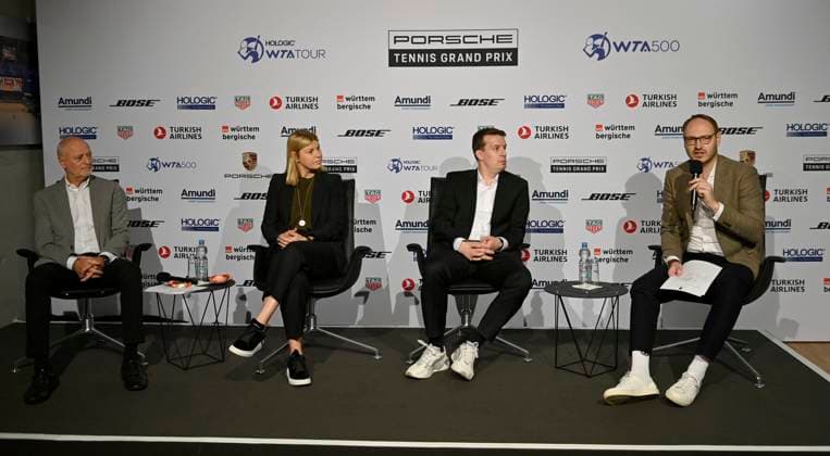 Press Conference PK with from left Tournament Director Markus Guenthardt, Sporting Director Anke Huber, Deniz Keskin, Head of Brand Management and Partnerships of Porsche AG, Markus Rothermel, Public Relations, Press, Sustainability and Politics, Press Spokesman Sports Communication Tennis Women Porsche Cup Porsche Tennis Grand Prix GP Stuttgart 2023 Final Porsche Arena 23 04 2022 DFL REGULATES PROHIBIT ANY USE OF PHOTOGRAPHS AS IMAGE SEQUENCES AND OR QUASI VIDEO Porsche Tennis Grand Prix GP Stuttgart 2023