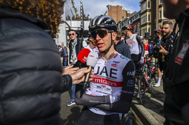 Liege, Belgium - April 23 : Pogacar Tadej (SVN) of UAE Team Emirates before the race during the UCI World Tour 109th Liege Bastogne Liege, a cycling race of 258,5 km with start and finish in Liege on April 23, 2023 in Liege, Belgium, 23 04 2023 ( Motordriver Kenny Verfaillie - Liege Bastogne Liege 2023 Cycling Race PhotoNews Panoramic 