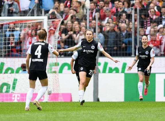 23 04 2023, Cologne, Germany, Rhein Energie Stadium, 1 FC Koeln vs Eintracht Frankfurt Frauen Bundesliga, Barbara Dunst Eintracht Frankfurt goal celebration, cheers after his goal to 0 1 Foto Ralf Treese, Ralf Treese DFB DFL REGULATIONS PROHIBIT ANY USE OF PHOTOGRAPHS AS IMAGE SEQUENCES AND OR QUASI VIDEO Cologne Rhein Energie Stadium North Rhine Westphalia Germany  521_KOESGE20230423_011 Treese-521