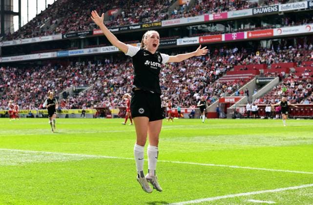 Football, Women Bundesliga, Germany, Men, Season 2022 2023, Rhein Energie Stadion Köln, 1 FC Köln Eintracht Frankfurt Jubel Lara Prasnikar SGE after her goal to 0 2 Jubel, Freude, Aktion DFB DFL REGULATIONS PROHIBIT ANY USE OF PHOTOGRAPHS AS IMAGE SEQUENCES AND OR QUASI VIDEO