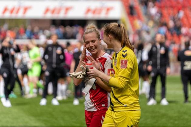 Celina Degen FC Koeln, 5 and Manon Klett FC Koeln, 1 after the match FC Koeln vs Eintracht Frankfurt, Soccer, Flyeralarm Frauen Bundesliga, 18 Spieltag, 2022 2023, 23 04 2023 DFL REGULATES PROHIBIT ANY USE OF PHOTOGRAPHS AS IMAGE SEQUENCES AND OR QUASI VIDEO FC Koeln vs Eintracht Frankfurt, Soccer, Flyeralarm Frauen Bundesliga, 18 Spieltag, 2022 2023, 23 04 2023 Köln Copyright: xEibner-Pressefoto FabioxDeinertx EP_FDT