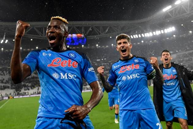 Sport Themen der Woche KW16 Victor Osimhen, Giovanni Di Lorenzo and Hirving Lozano of SSC Napoli celebrate the victory at the end of the Serie A football match between Juventus FC and SSC Napoli at Juventus stadium in Turin (Italy), April 23th, 2022. andreaxstaccioli