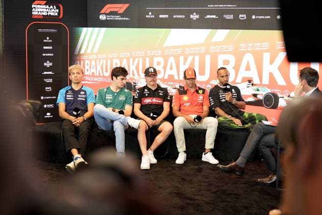 FORMULA 1 AZERBAIJAN GRAND PRIX 2023 27 04 2023, Baku City Circuit , Baku, FORMULA 1 AZERBAIJAN GRAND PRIX 2023 ,in picture Alexander Albon GBR , Williams Racing, Lance Stroll CAN , Aston Martin Aramco Cognizant Formula One Team, Valtteri Bottas FIN , Alfa Romeo F1 Team Stake, Carlos Sainz Jr ESP , Scuderia Ferrari, Lewis Hamilton GBR , Mercedes AMG Petronas Formula One Team nordphotoxGmbHx xBratic nph00250